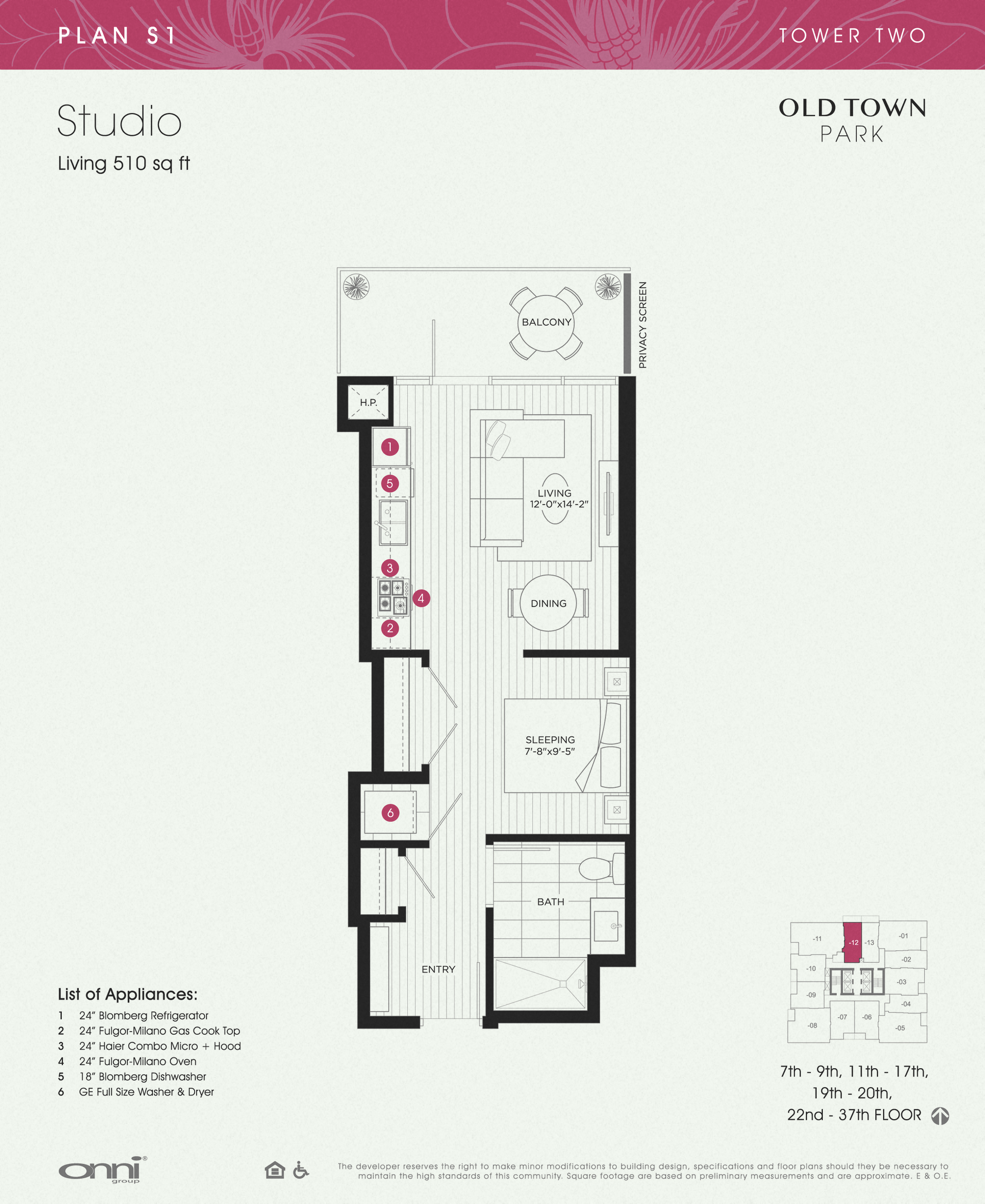 Floor plan for studio, 1 bath, 510 sqft